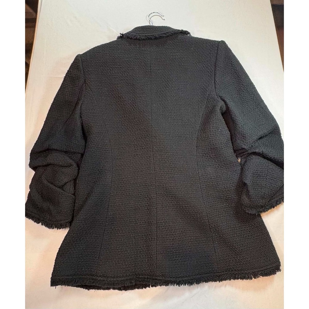 Cinq à Sept Khloe Boucle Tweed Blazer Black Frayed Fringe Ruched Sleeve Size 6 - Picture 3 of 3